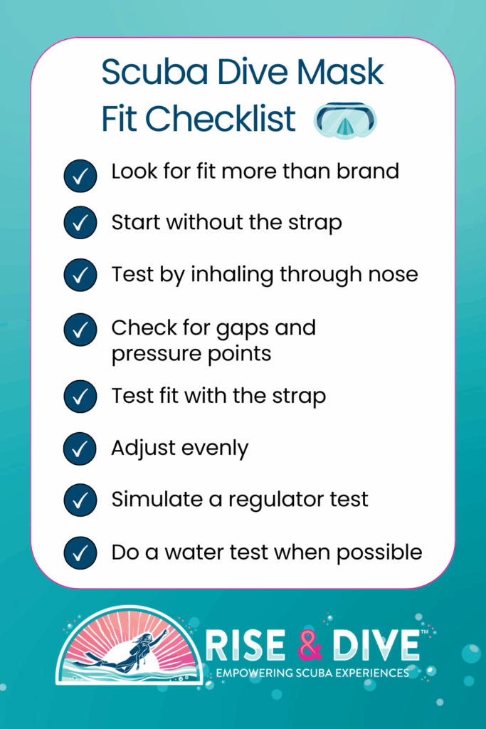 Illustrated checklist showing step-by-step instructions for properly fitting a scuba diving mask to ensure comfort and a watertight seal.