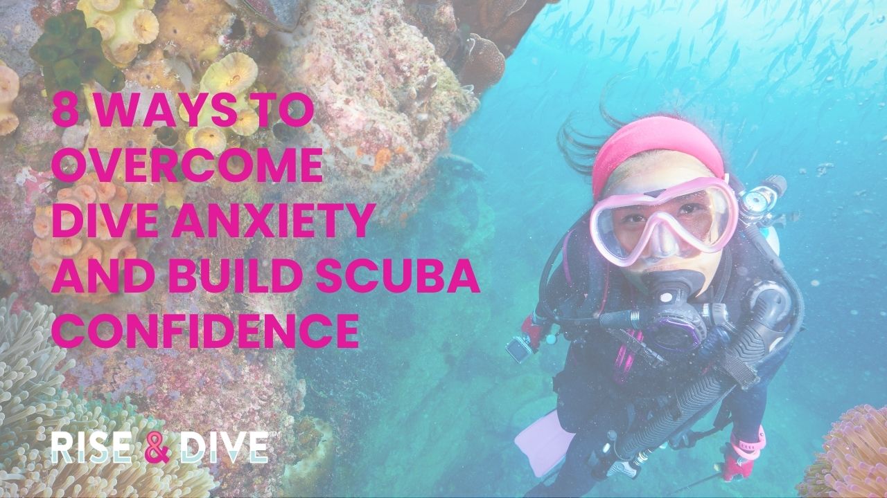 Woman scuba diver calmly exploring a coral reef, representing confidence and reduced dive anxiety