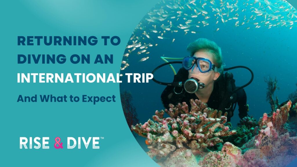 Woman scuba diver calmly hovering above a reef while returning to scuba diving abroad