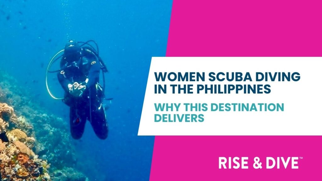 A woman scuba diver in the Philippines swimming calmly above a colorful coral reef