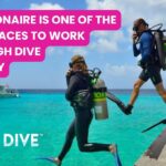 Two scuba divers stepping off calmly in clear water over a reef reducing dive anxiety Bonaire
