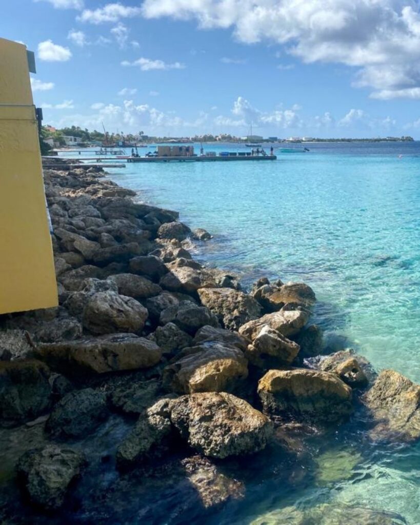 A yellow dive site marker in Bonaire