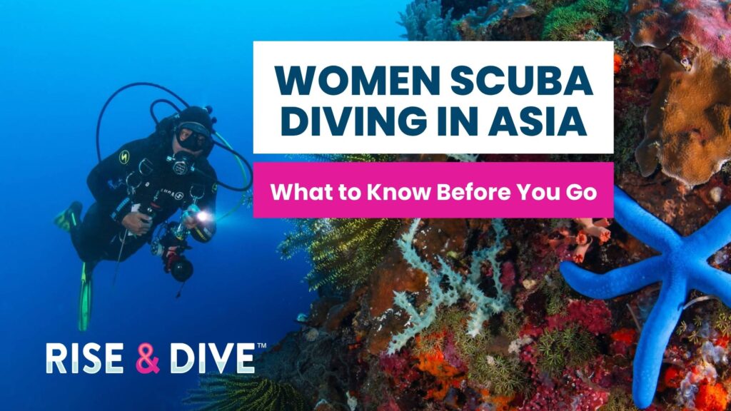 Scuba diver swimming through a vibrant coral reef in the Philippines Coral Triangle during a women scuba diving Asia trip