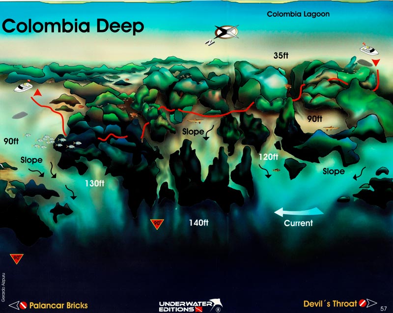 Dive site map of Colombia Reef Cozumel showing coral garden sections, deeper tunnel formations, and depth range from 50 to 100 feet at the southern end of the island