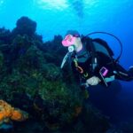 Female scuba diver drift diving along Cozumel wall reef with clear blue water visibility during one of the best times to dive in Cozumel