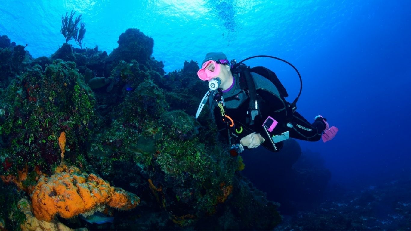 Female scuba diver drift diving along Cozumel wall reef with clear blue water visibility during one of the best times to dive in Cozumel