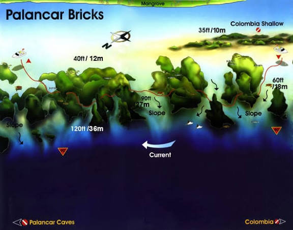 Dive site map of Palancar Bricks Cozumel showing deep reef formations and strong current in the most demanding section of the Palancar Reef system