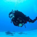 Woman scuba diver hovering calmly in blue water with neutral buoyancy, illustrating somatic practice in scuba diving and nervous system awareness underwater.