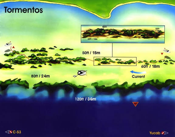 Dive site map of Tormentos Cozumel showing series of coral heads at 30 to 50 feet with mild current and active cleaning stations on the western reef