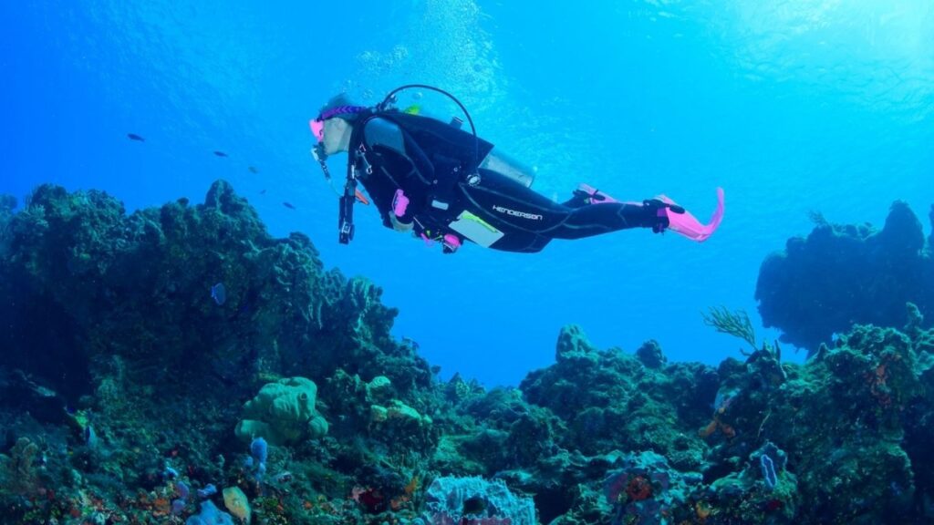 An image of a woman in her fifties in full dive gear diving amidst a coral reef, looking out at the underwater world, composed and present